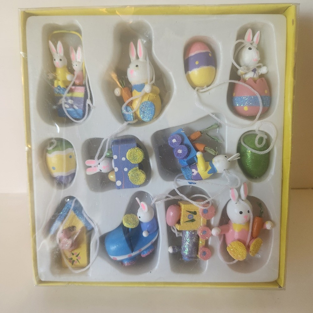 Vintage Wooden Easter Ornaments Set 12pc Miniature Bunny Egg Birdhouse Glitter